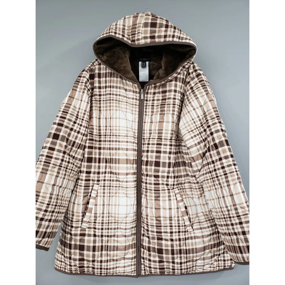 NWOT SUSAN GRAVE Reversible Quilted Woven Fleece Jacket TAUPE PLAID 1X Coat